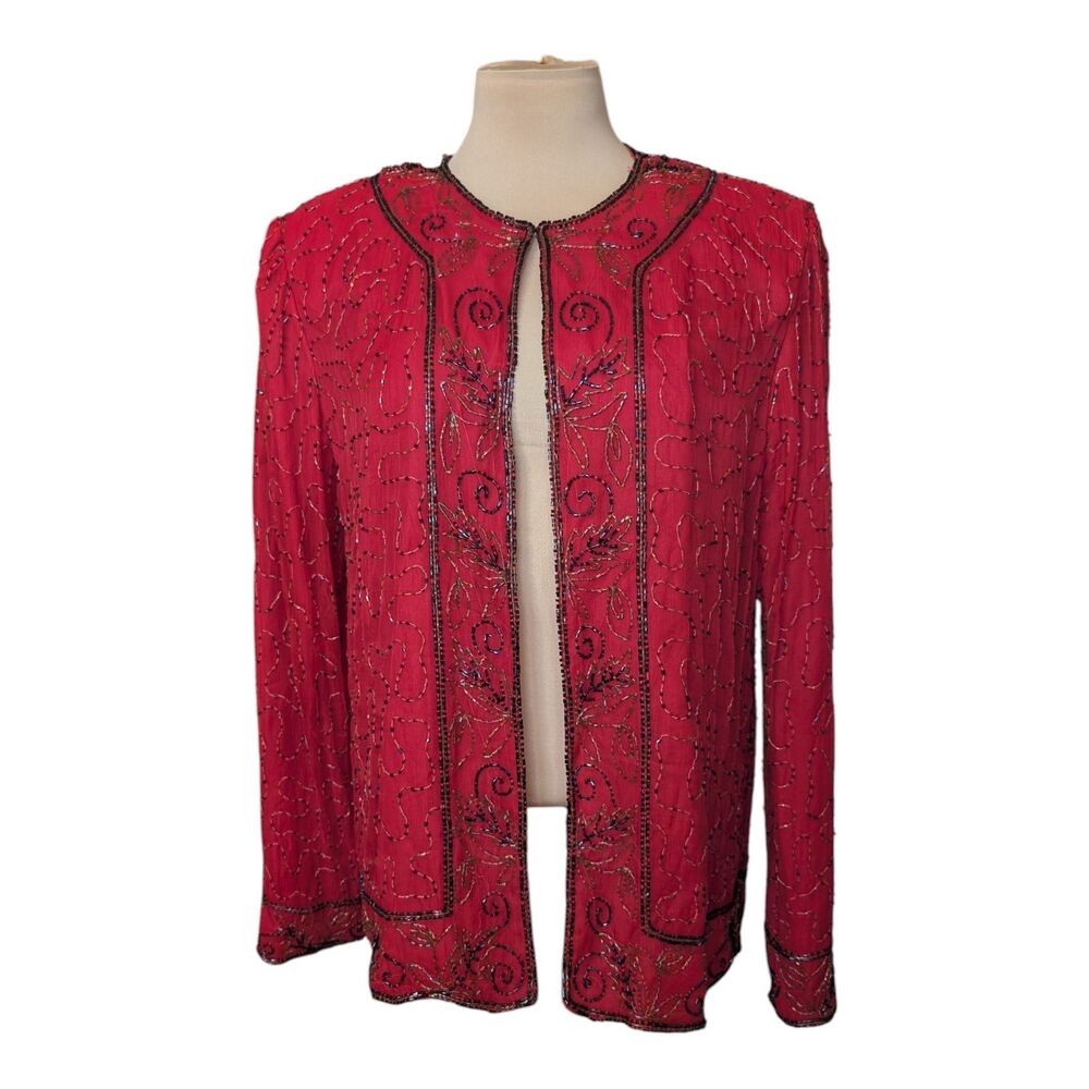 JMD New York Beaded Evening Jacket Red Black Open Front Top Size Large Vintage